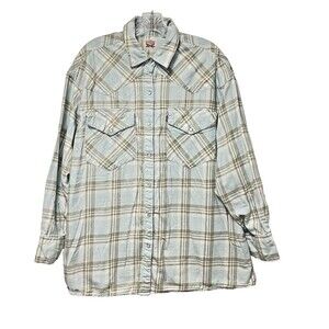 Levi's Flannel Women's Top Shirt Size Large Plaid Blue Check Cotton Snap Western